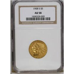 1908-S $5 AU58 NGC. Satiny with a touch of friction on 