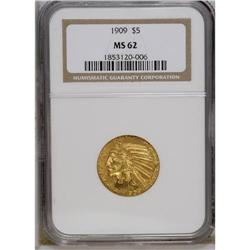 1909 $5 MS62 NGC. A lemon yellow glaze covers the surf 