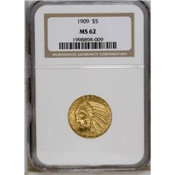 1909 $5 MS62 NGC. Softly struck with satiny straw-gold 