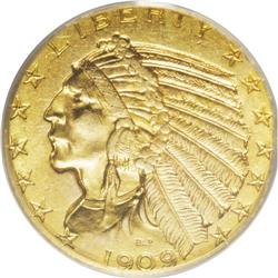 1909 $5 MS63 PCGS. Both sides have brassy orange-gold 