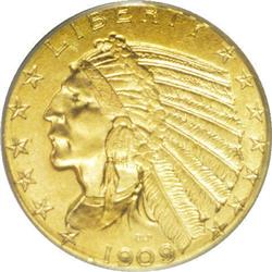 1909 $5 MS64 PCGS. This MS64 example exhibits a couple 