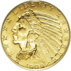 1909 $5 MS64 PCGS. Yellow-gold toning gives this lovel 