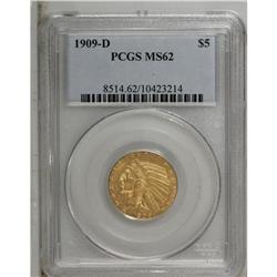 1909-D $5 MS62 PCGS. A lustrous honey-gold example, sa 