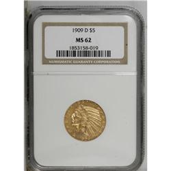1909-D $5 MS62 NGC. Well struck with the occasional gl 