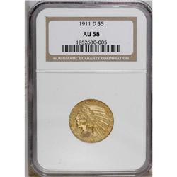 1911-D $5 AU58 NGC. Nicely struck with a hint of frict 