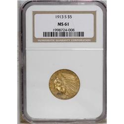 1913-S $5 MS61 NGC. A vivid reddish-orange piece that 