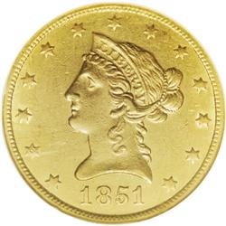 1851-O $10 AU58 NGC. An unblemished apricot-gold repre 