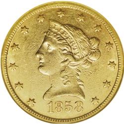 1858-S $10 AU55 NGC. Bright luster connects many of th 