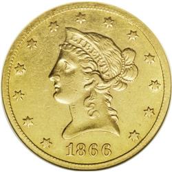 1866-S $10 No Motto--Cleaned--ANACS. AU53 Details. Wit 