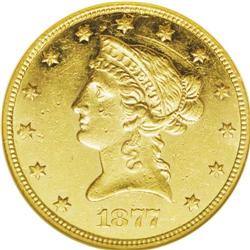 1877 $10 AU58 NGC. This date is one of the important l 