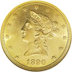 1890-CC $10 MS62 NGC. This scarcer Carson City ten has 