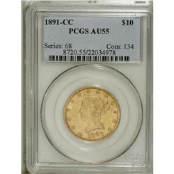 1891-CC $10 AU55 PCGS. Lightly worn with strong luster 