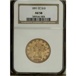 1891-CC $10 AU58 NGC. A well struck near-Mint example 