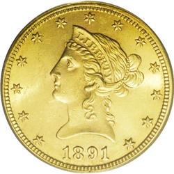 1891-CC $10 MS63 PCGS. Breen-7035. Both C''s in the mi 