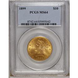1899 $10 MS64 PCGS. Zones of peach-gold and apricot-go 
