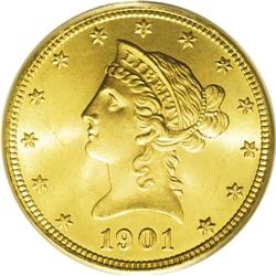 1901 $10 MS66 PCGS. This pinpoint-sharp piece features 