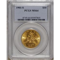 1901-S $10 MS64 PCGS. The yellow-orange surfaces have 
