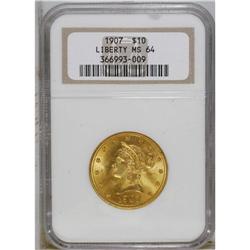 1907 $10 MS64 NGC. A lustrous amber-gold near-Gem that 