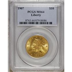 1907 $10 MS64 PCGS. Greenish-gold patina and well-defi 