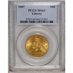 1907 $10 MS64 PCGS. A beautiful near-Gem whose clean s 