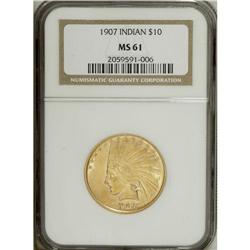 1907 $10 No Periods MS61 NGC. The yellow-gold surfaces 