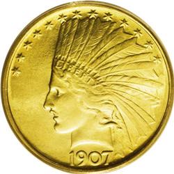 1907 $10 No Periods MS65 PCGS. Several varieties were 