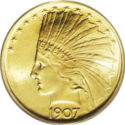 1907 $10 No Periods MS66 PCGS. A trifle soft across th 