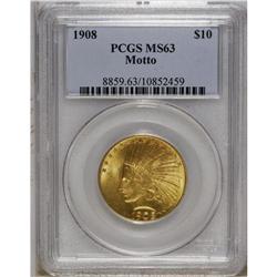 1908 $10 Motto MS63 PCGS. This nicely struck wheat-gol 