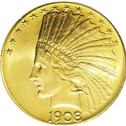 1908 $10 Motto MS64 PCGS. Potent luster and a refreshi 