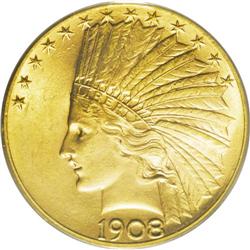 1908-D $10 Motto MS63 PCGS. The apricot-gold surfaces 