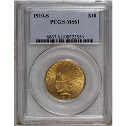 1910-S $10 MS61 PCGS. A highly lustrous honey-gold exa 