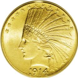 1914 $10 MS64 PCGS. A satiny, light green-gold example 