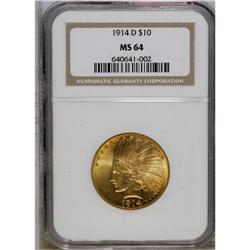 1914-D $10 MS64 NGC. This highly lustrous yellow-gold 