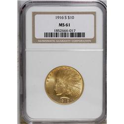 1916-S $10 MS61 NGC. A nicely struck wheat-gold exampl 