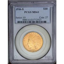 1916-S $10 MS61 PCGS. This lower mintage Indian eagle 