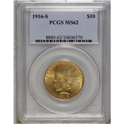 1916-S $10 MS62 PCGS. This satiny olive-gold piece has 