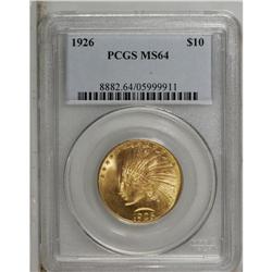 1926 $10 MS64 PCGS. This well struck near-Gem is highl 