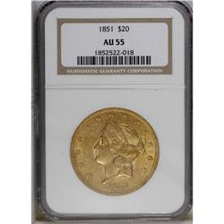 1851 $20 AU55 NGC. A lightly worn yellow-gold double e 