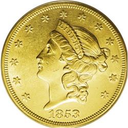1853 $20 AU58 PCGS. A touch of scarcely discernible fr 