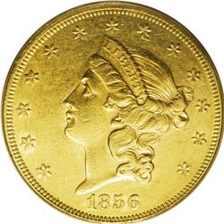 1856 $20 AU55 PCGS. A lightly worn piece, nicely struc 