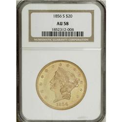 1856-S $20 AU58 NGC. Solidly struck with a hint of fri 