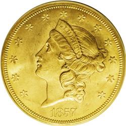 1857-S $20 Narrow Serif MS65 PCGS. Variety 20C. SSCA 0 