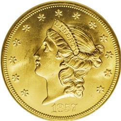 1857-S $20 Spiked Shield MS65 PCGS. Variety 20A. SSCA 