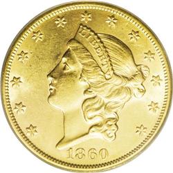 1860-S $20 AU58 PCGS. Mint luster is essentially compl 