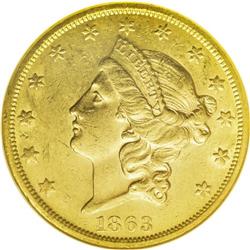 1863-S $20 AU58 NGC. Rich honey-gold surfaces have nea 