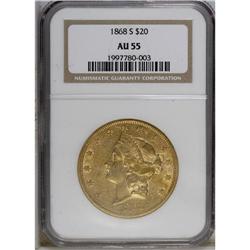 1868-S $20 AU55 NGC. A subtly lustrous peach-gold piec 
