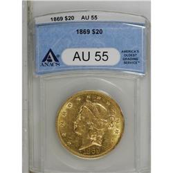 1869 $20 AU55 ANACS. A still-lustrous yellow-gold exam 