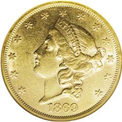 1869 $20 AU55 NGC. Well struck with ample luster, this 