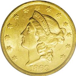 1869-S $20 MS60 PCGS. The substantial mint luster has 