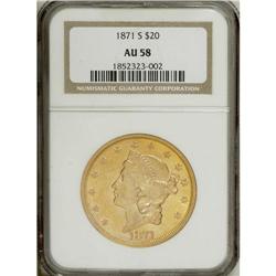 1871-S $20 AU58 NGC. A still-lustrous and rather flash 
